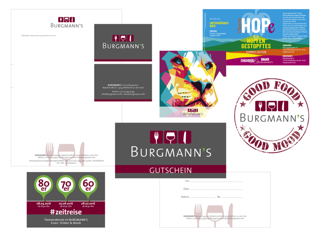 Burgmann's – Geschäftsausstattung, Flyer, Weinetiketten, Aufkleber